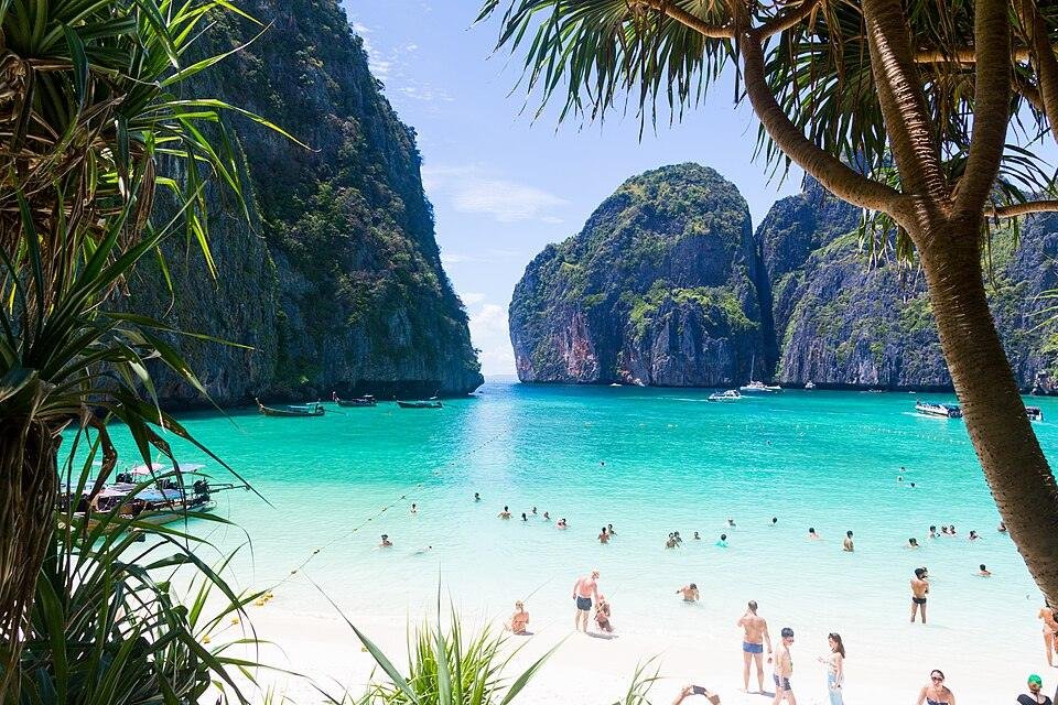 Maya Bay's limestone cliffs and turquoise water, Krabi